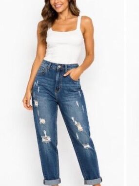 SHEIN Dark Blue Distressed Cropped Jeans